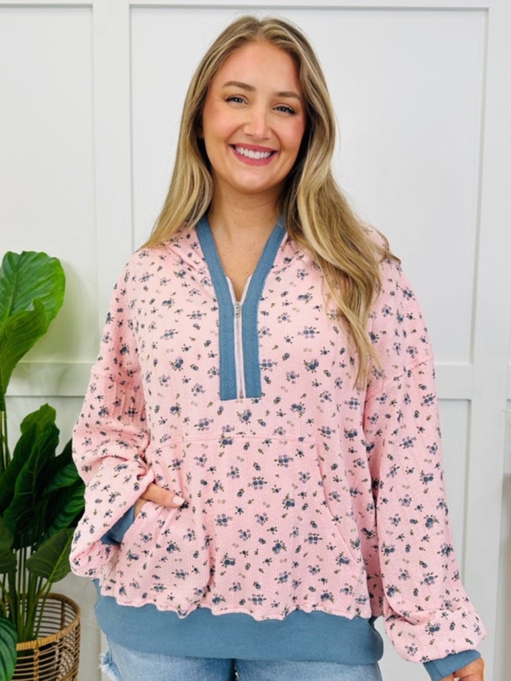 Women's Pink Floral Hooded Pullover with Blue Trim